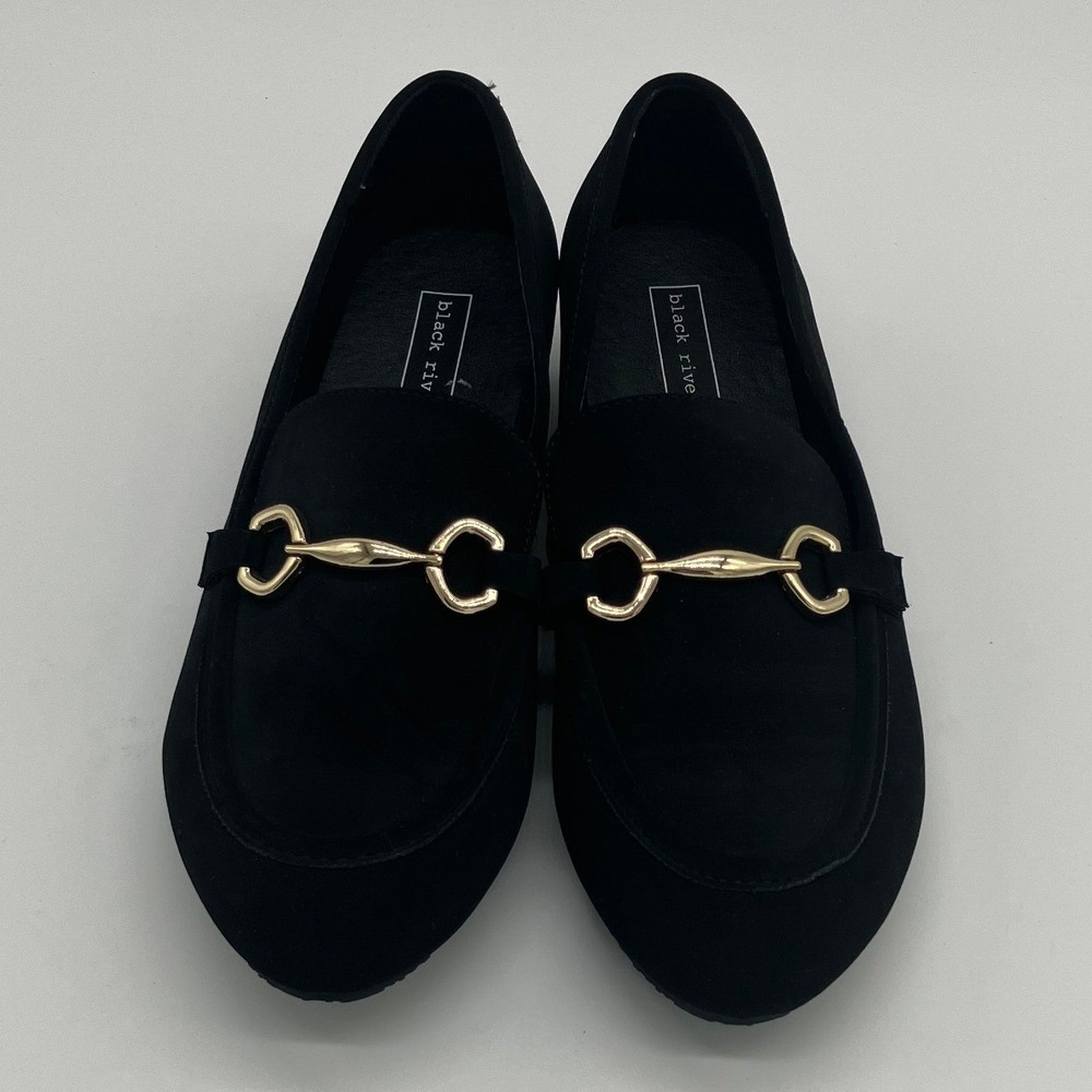Black Rivet Womens Slip On Loafer Gold Buckle Horsebit Black Suede Size 8W Wide